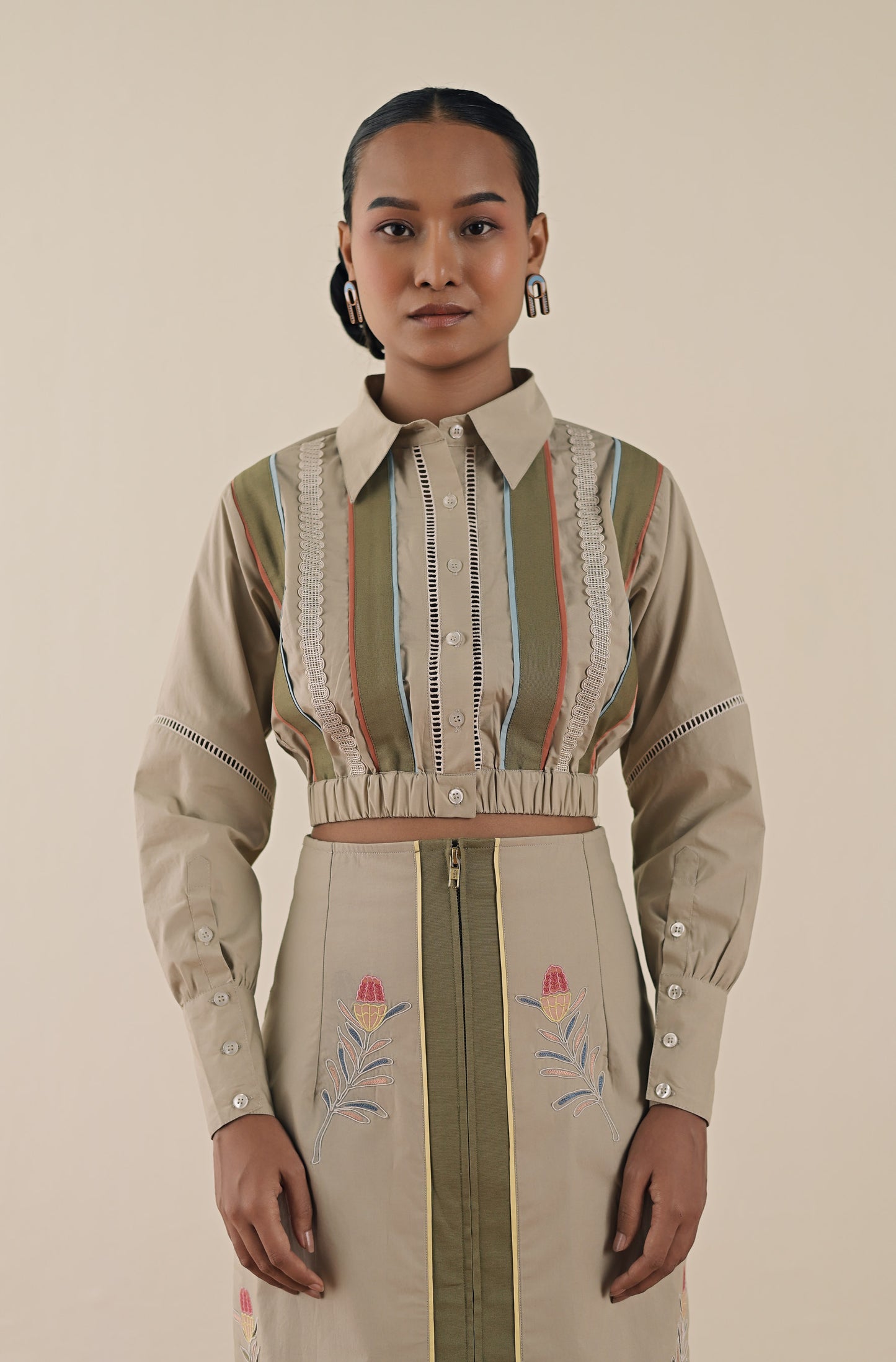 Stripe crop shirt with olive emb. skirt