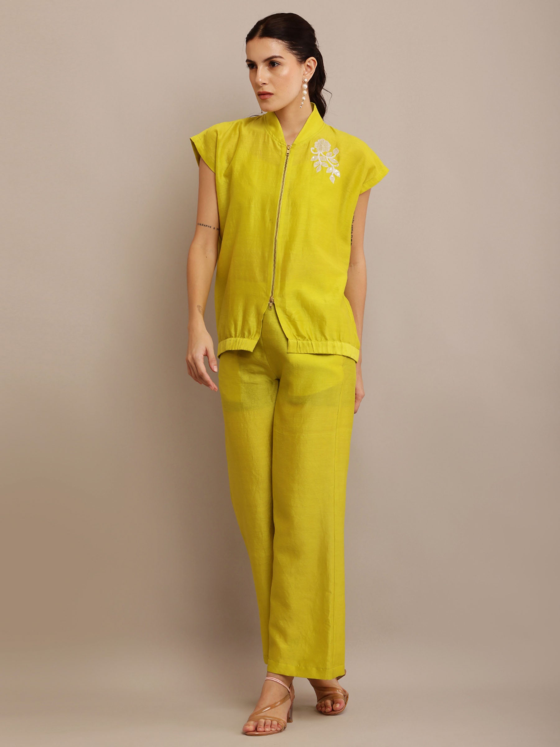 White Floral Lime Top