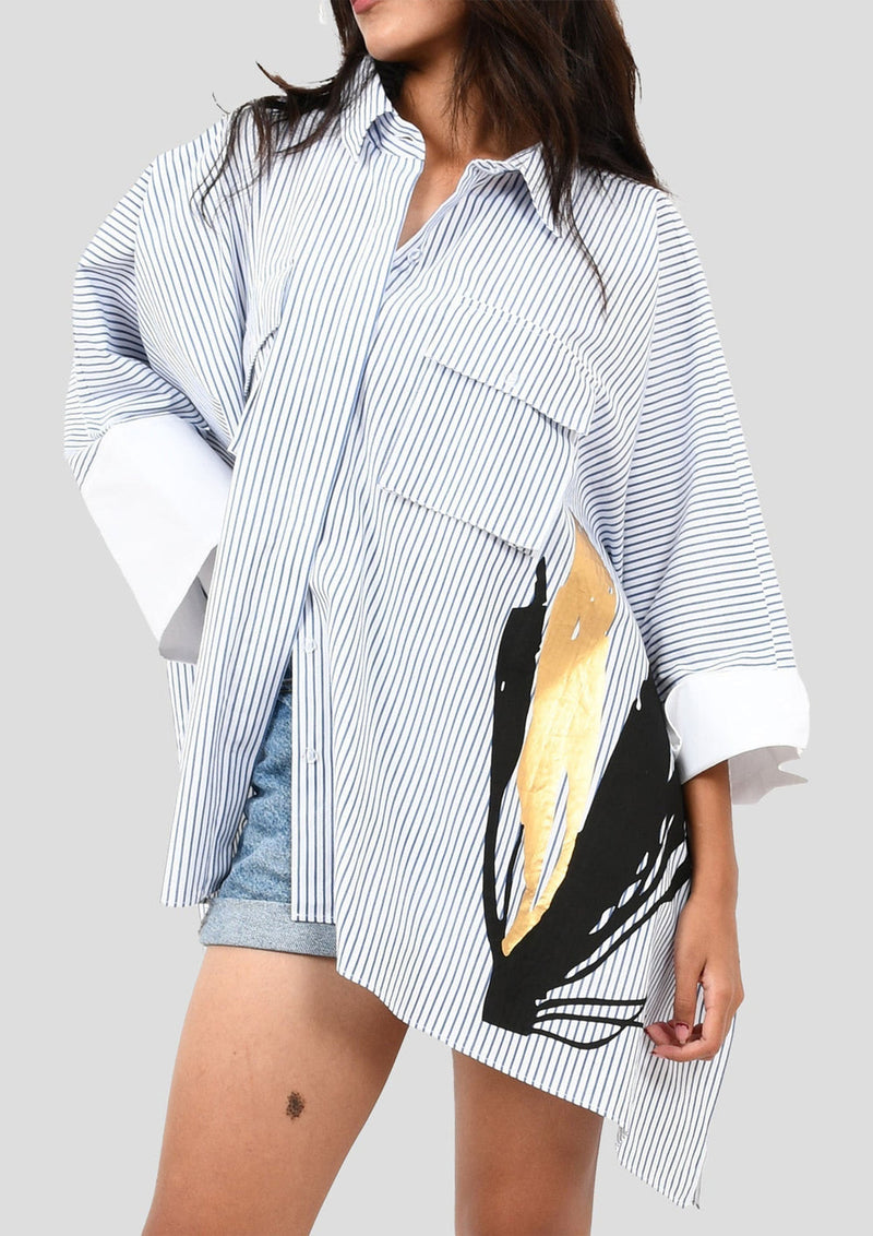 White And Blue Striped Poncho Shirt