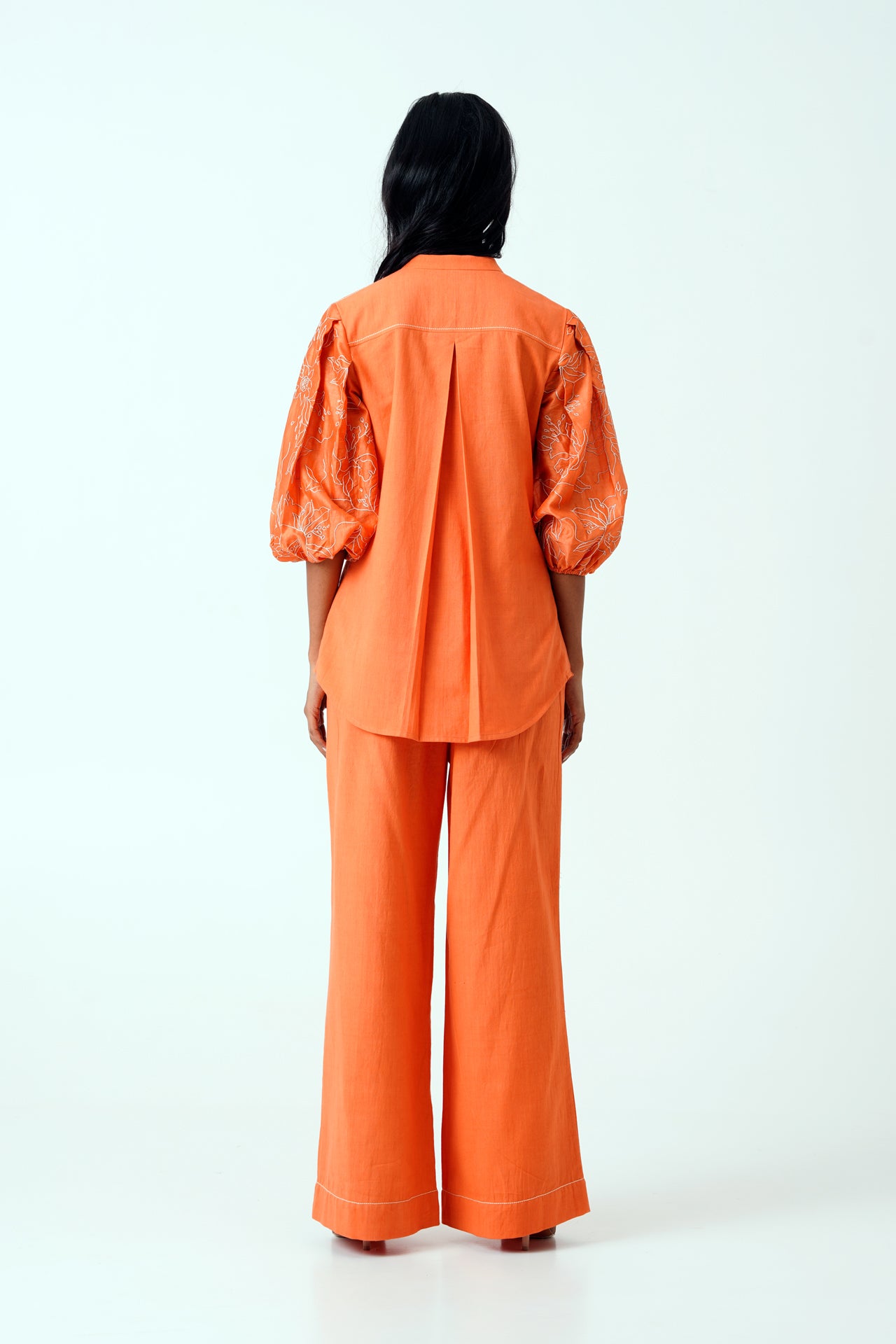 Sunset Orange Oba Set - Embroidered Sleeve Top and pants