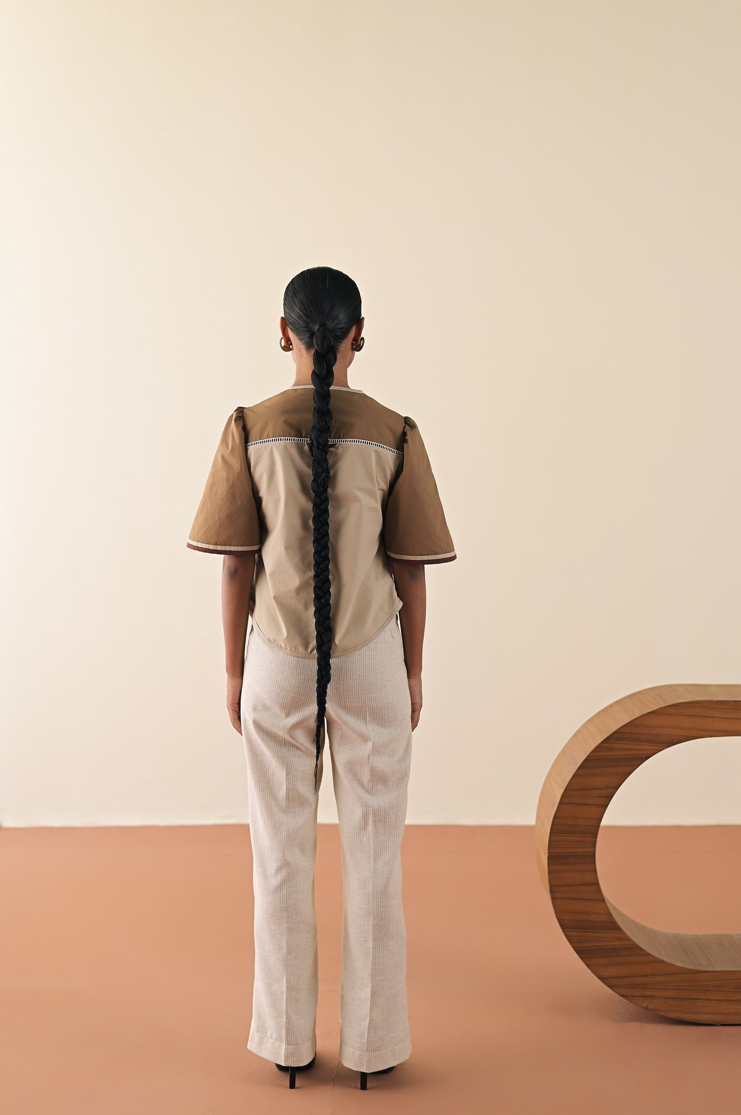 Walnut trio top with textured pants