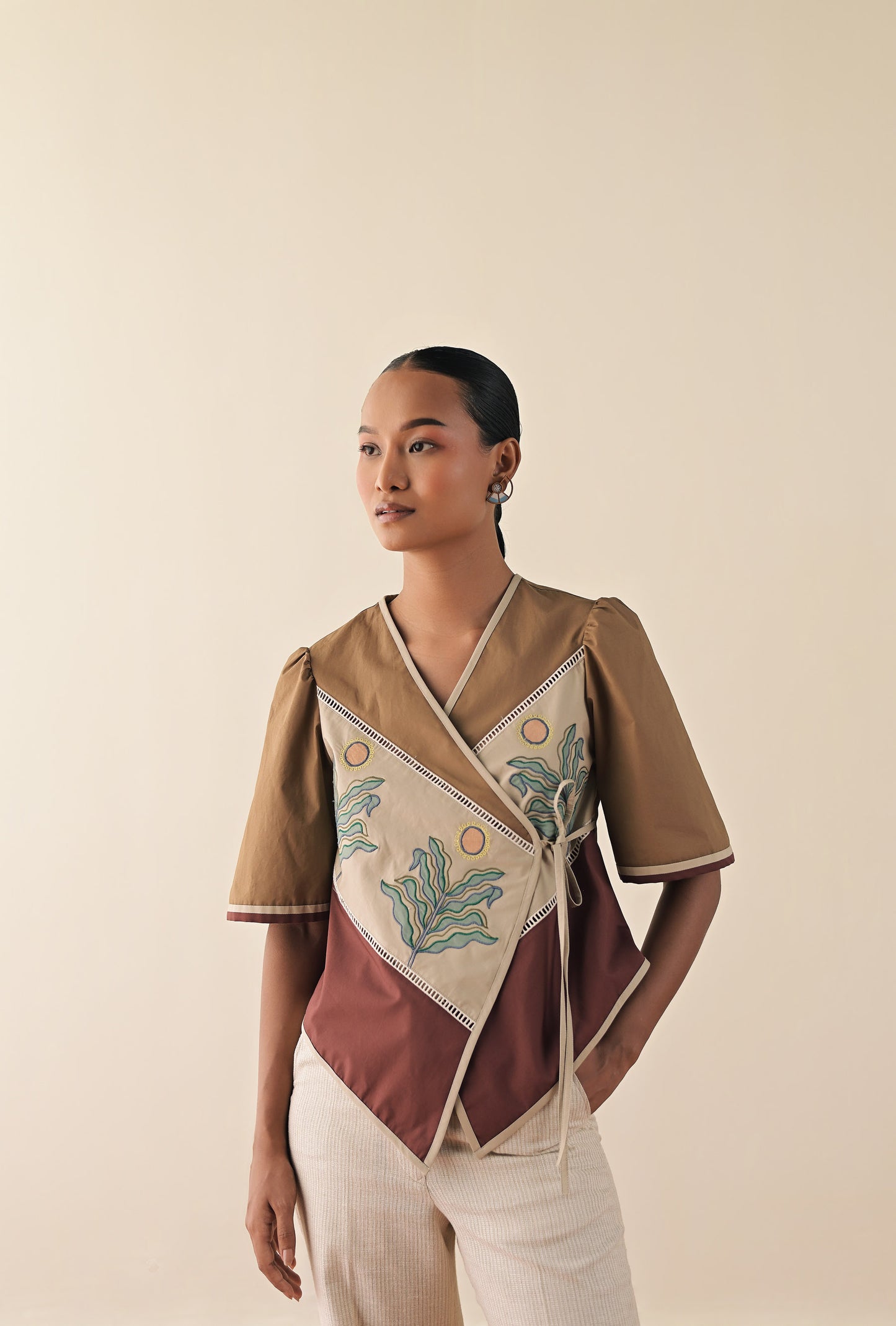 Walnut trio top with textured pants