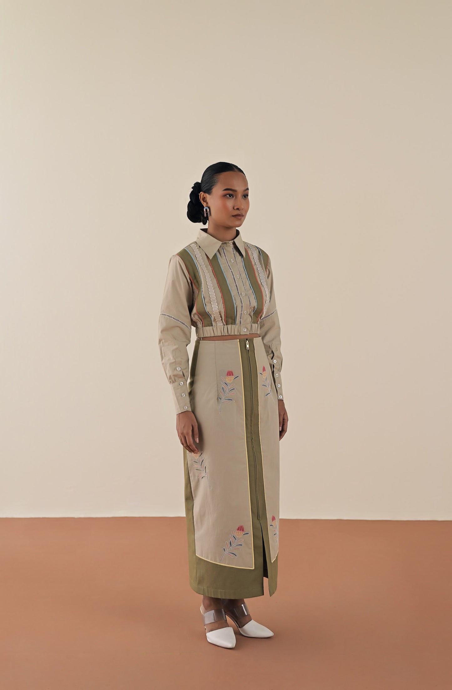 Stripe crop shirt with olive emb. skirt