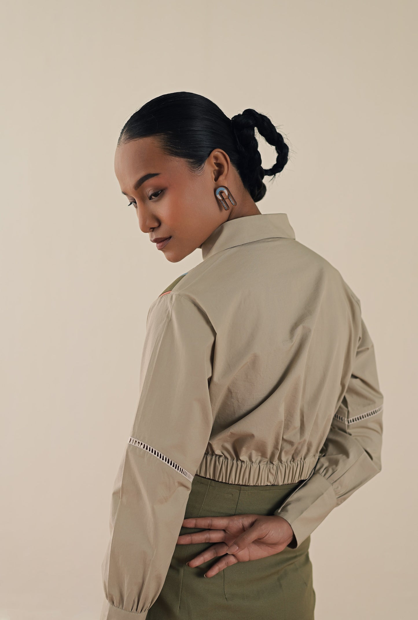 Stripe crop shirt with olive emb. skirt