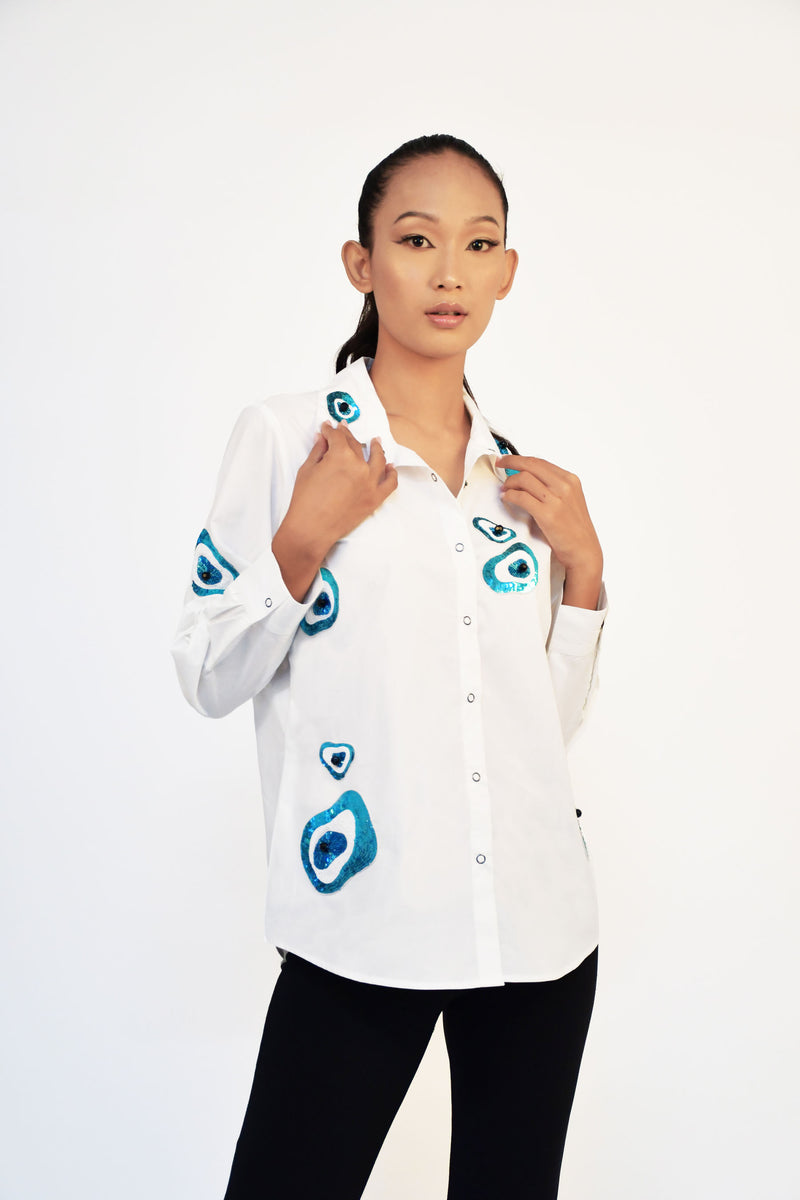 White cotton shirt with sequin evil eye