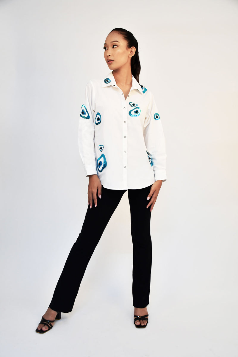 White cotton shirt with sequin evil eye