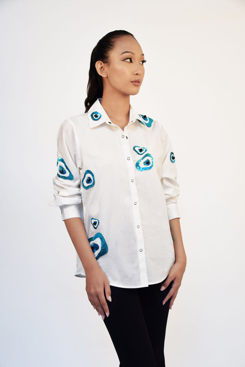 White cotton shirt with sequin evil eye