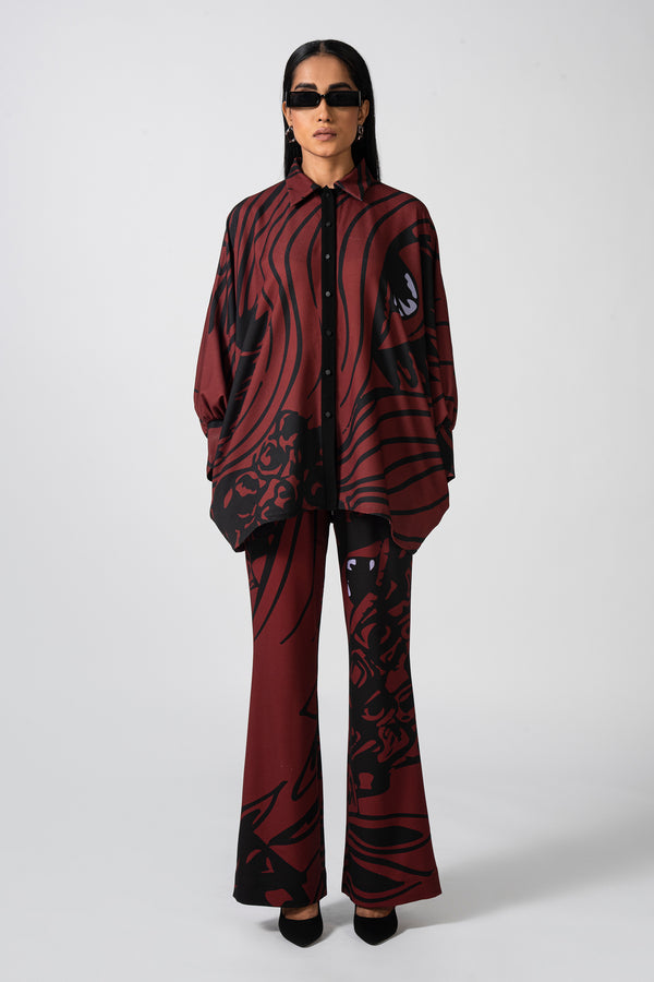 Wine-Hued Printed Crepe Pants