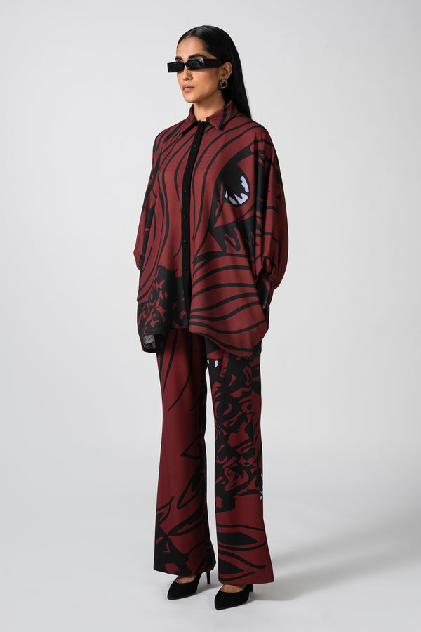 Wine-Hued Printed Crepe Pants