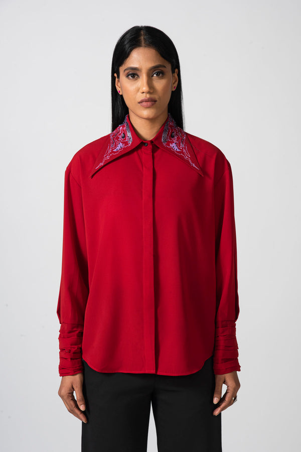 Scarlet pleated cuff shirt with embroidered collar