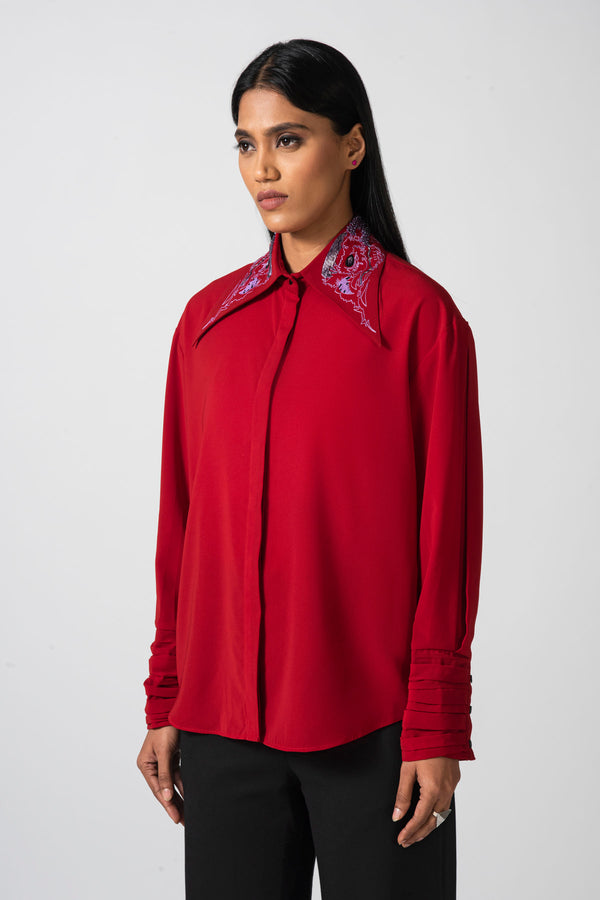 Scarlet pleated cuff shirt with embroidered collar