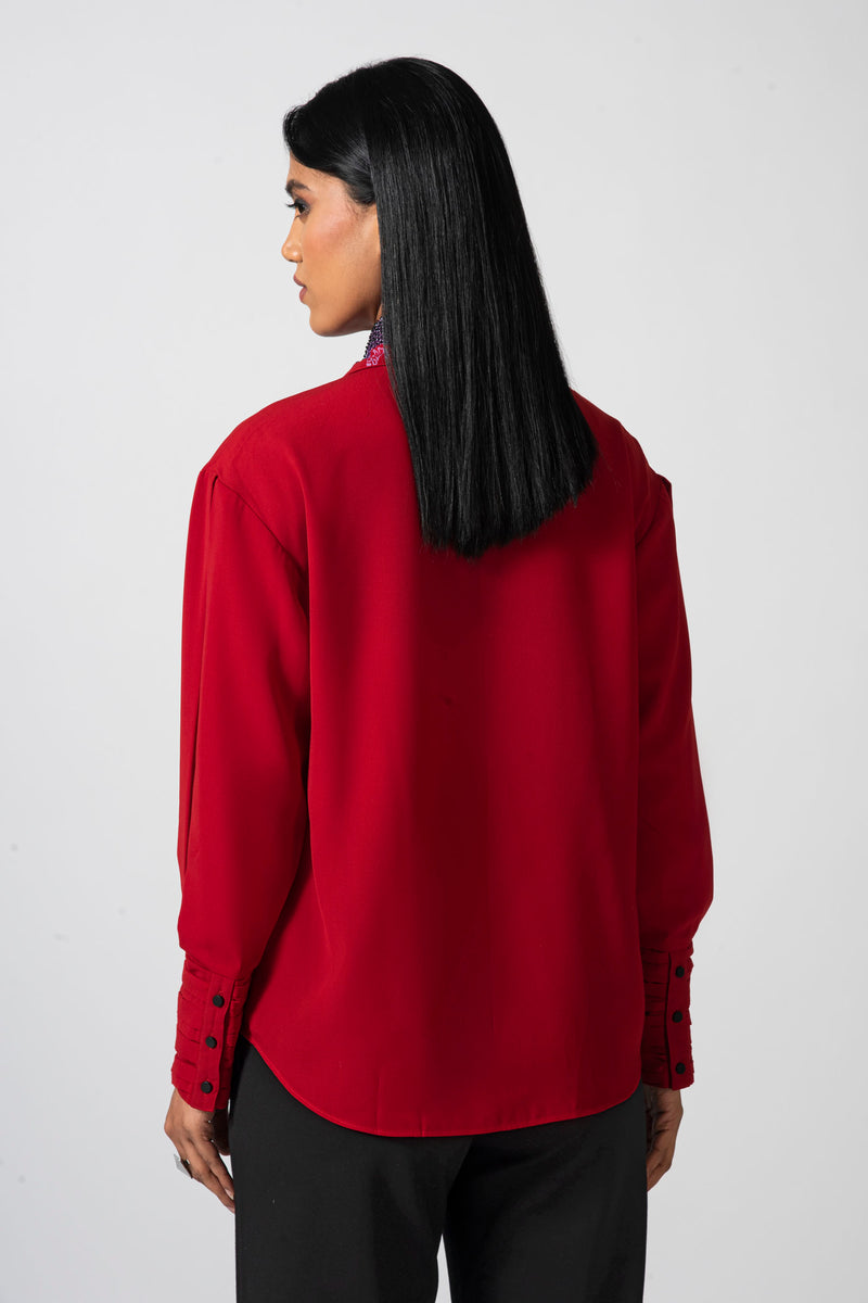 Scarlet pleated cuff shirt with embroidered collar