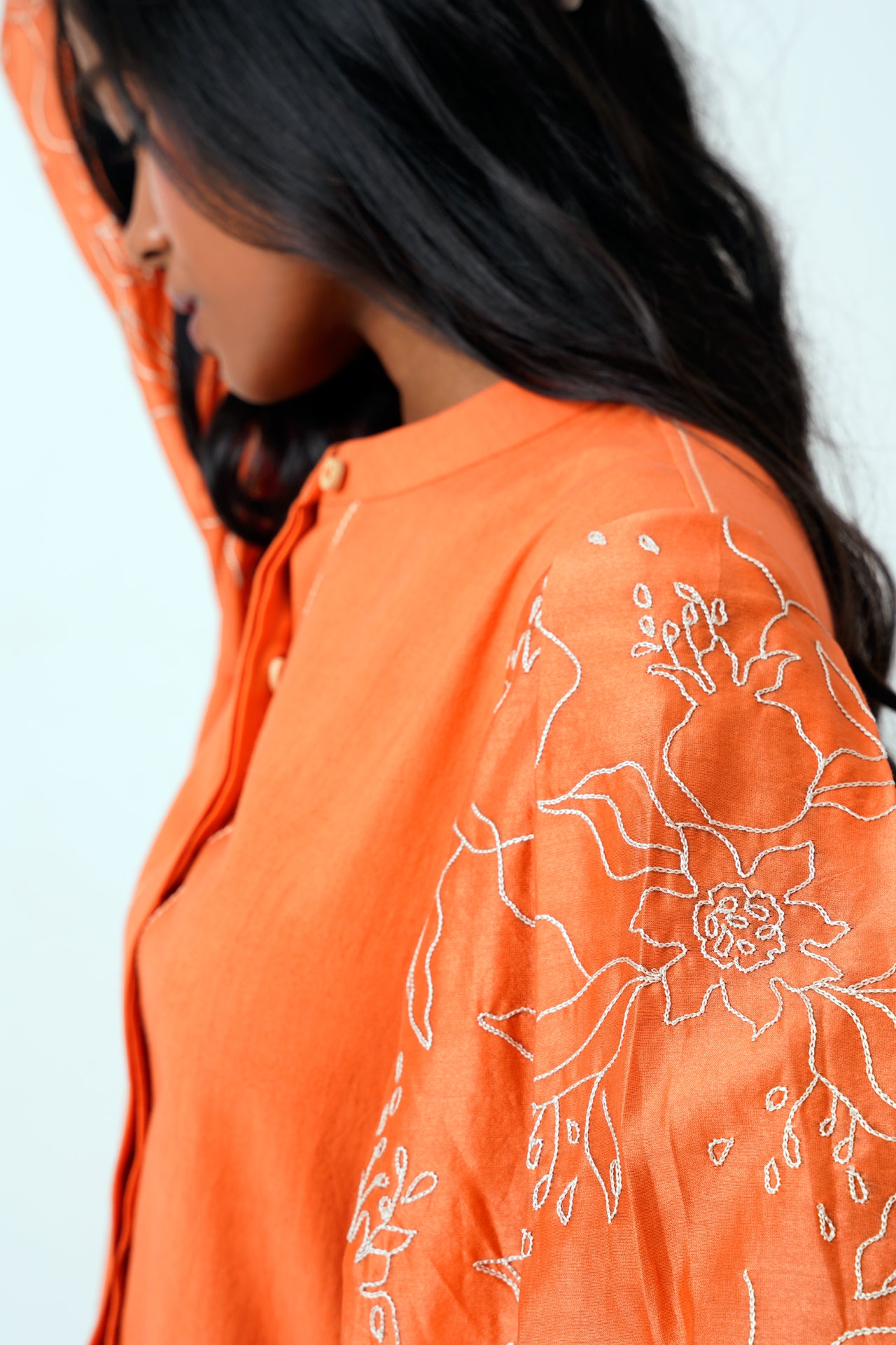 Sunset Orange Oba Set - Embroidered Sleeve Top and pants