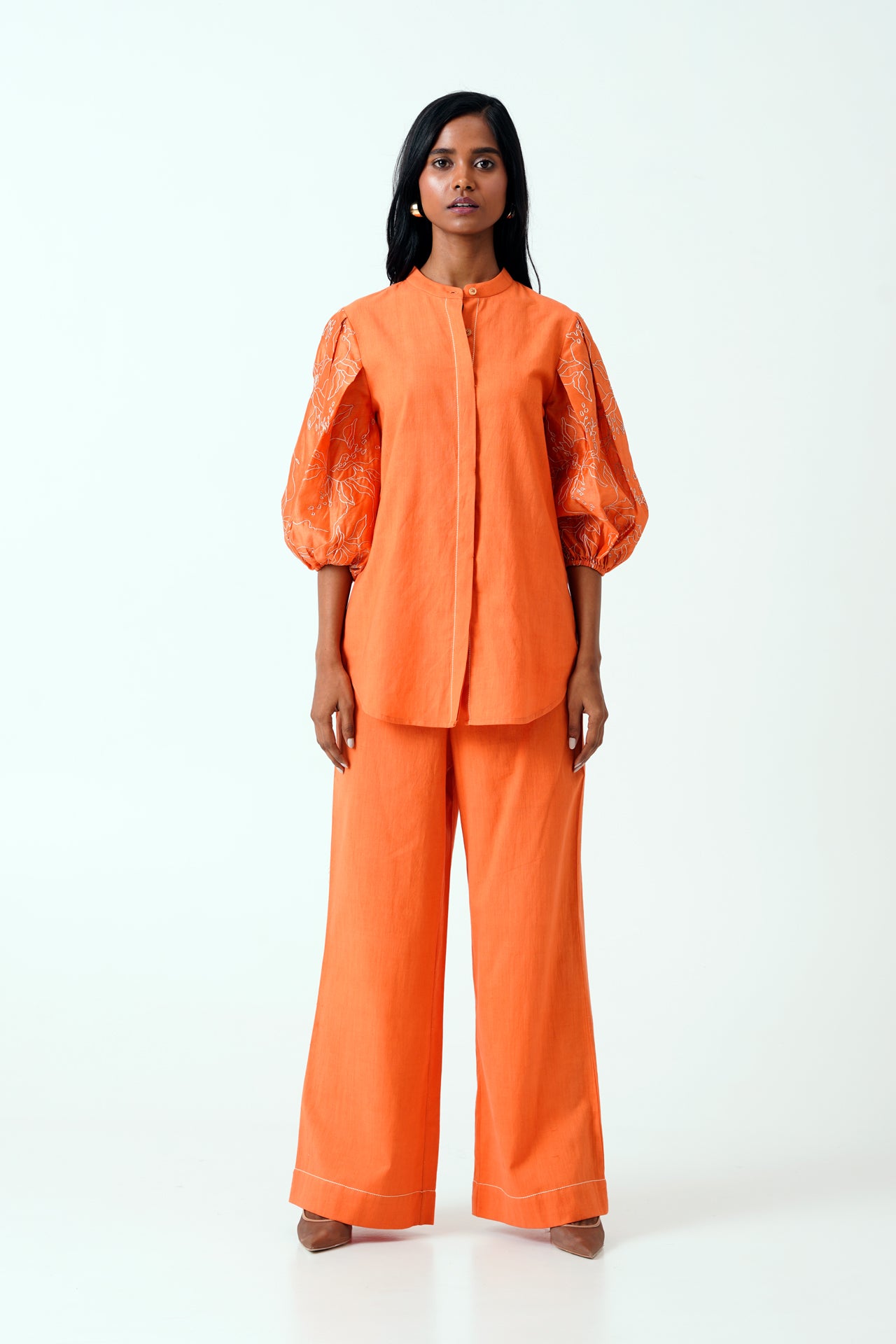 Sunset Orange Oba Set - Embroidered Sleeve Top and pants