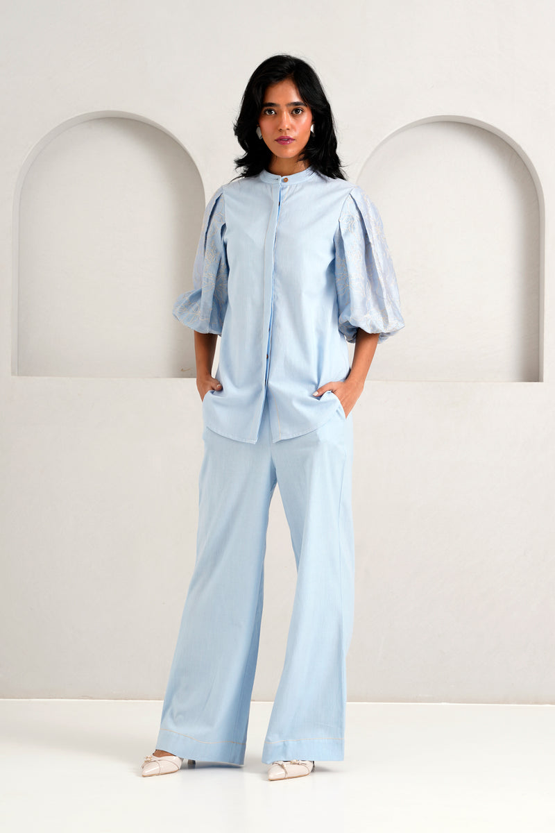 Ice Blue Oba Set - Embroidered Sleeve Top + Pants