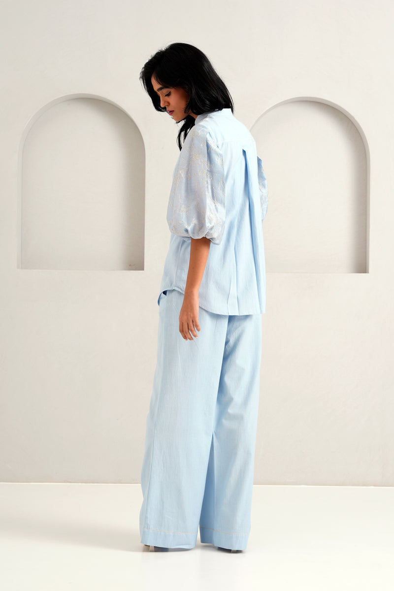 Ice Blue Oba Set - Embroidered Sleeve Top + Pants