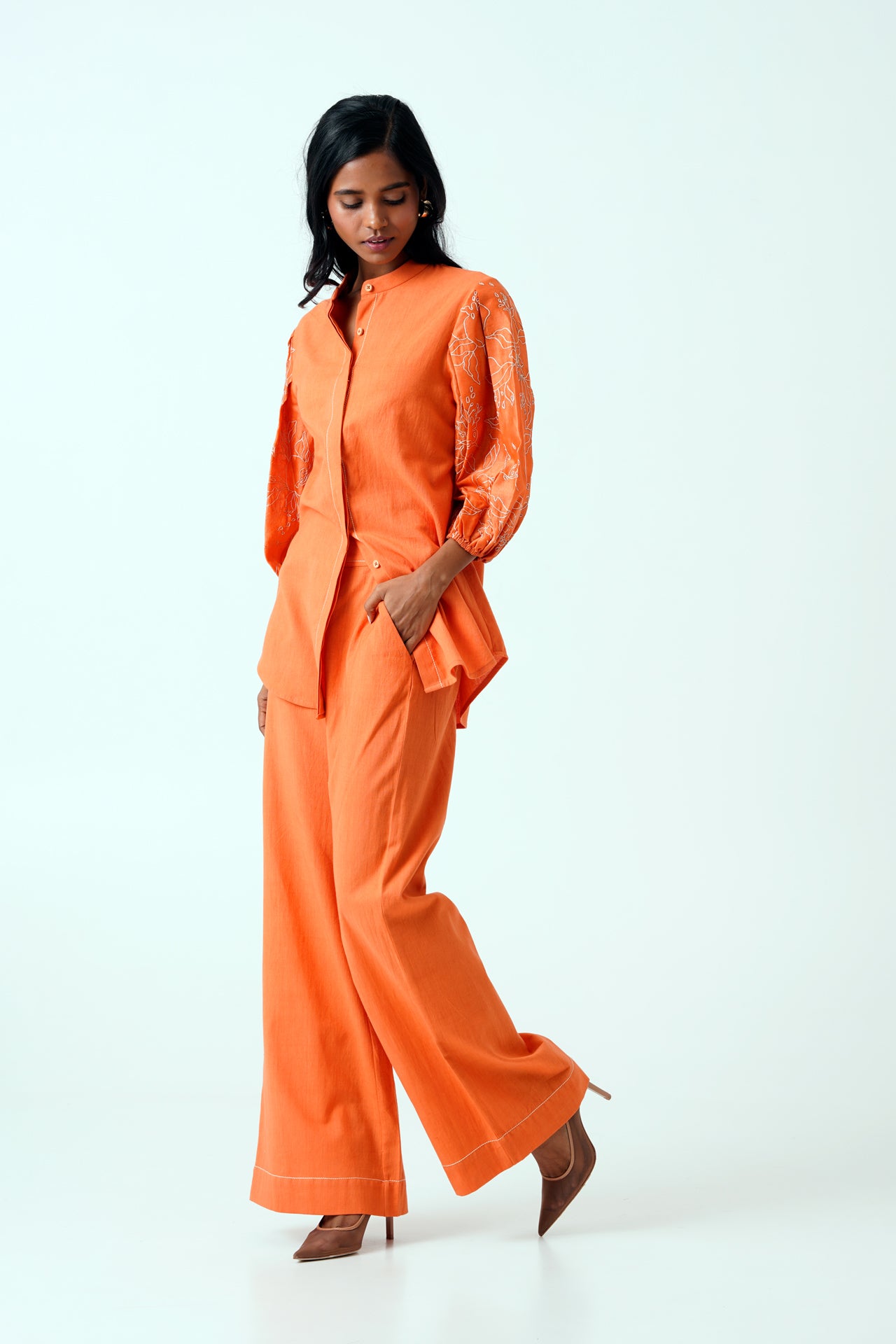 Sunset Orange Oba Set - Embroidered Sleeve Top and pants