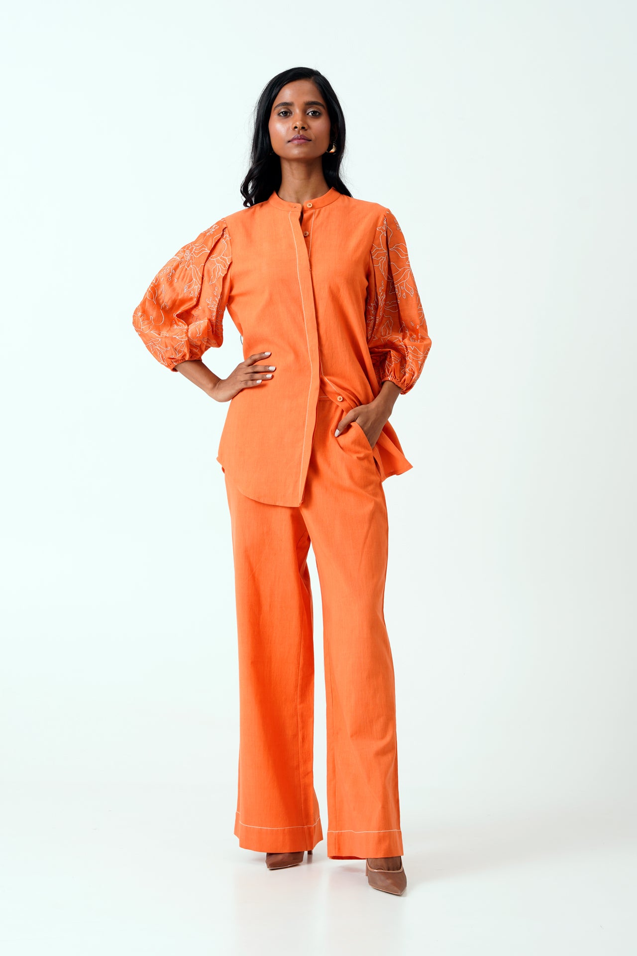 Sunset Orange Oba Set - Embroidered Sleeve Top and pants