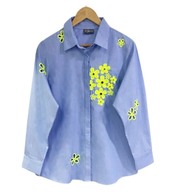 BLUE SHIRT WITH NEON GREEN SEQUIN SHIRT