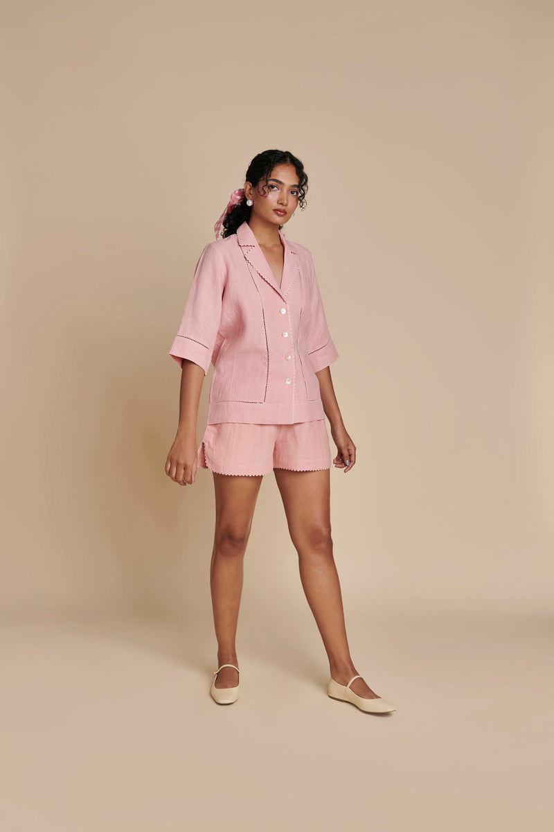 Candy Floss Linen Lapel Collar Shirt Set