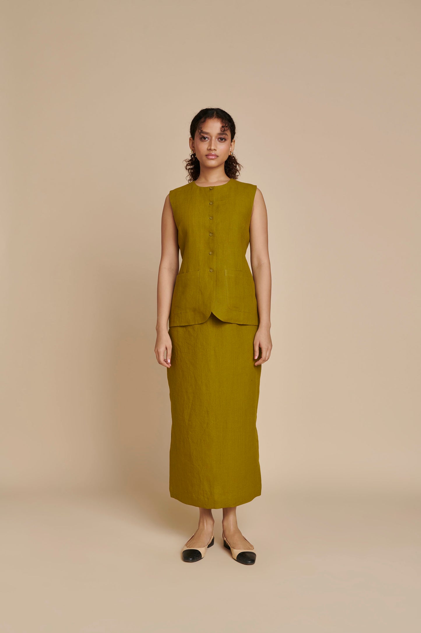 Mehendi Linen Vest & Column Skirt Set