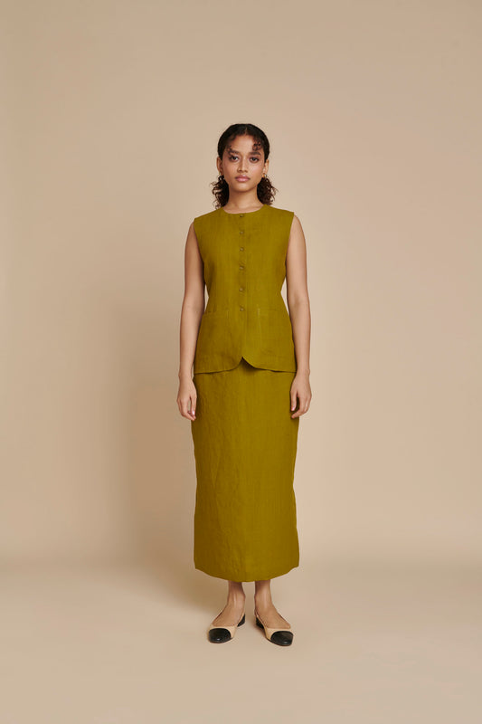 Mehendi Linen Vest & Column Skirt Set