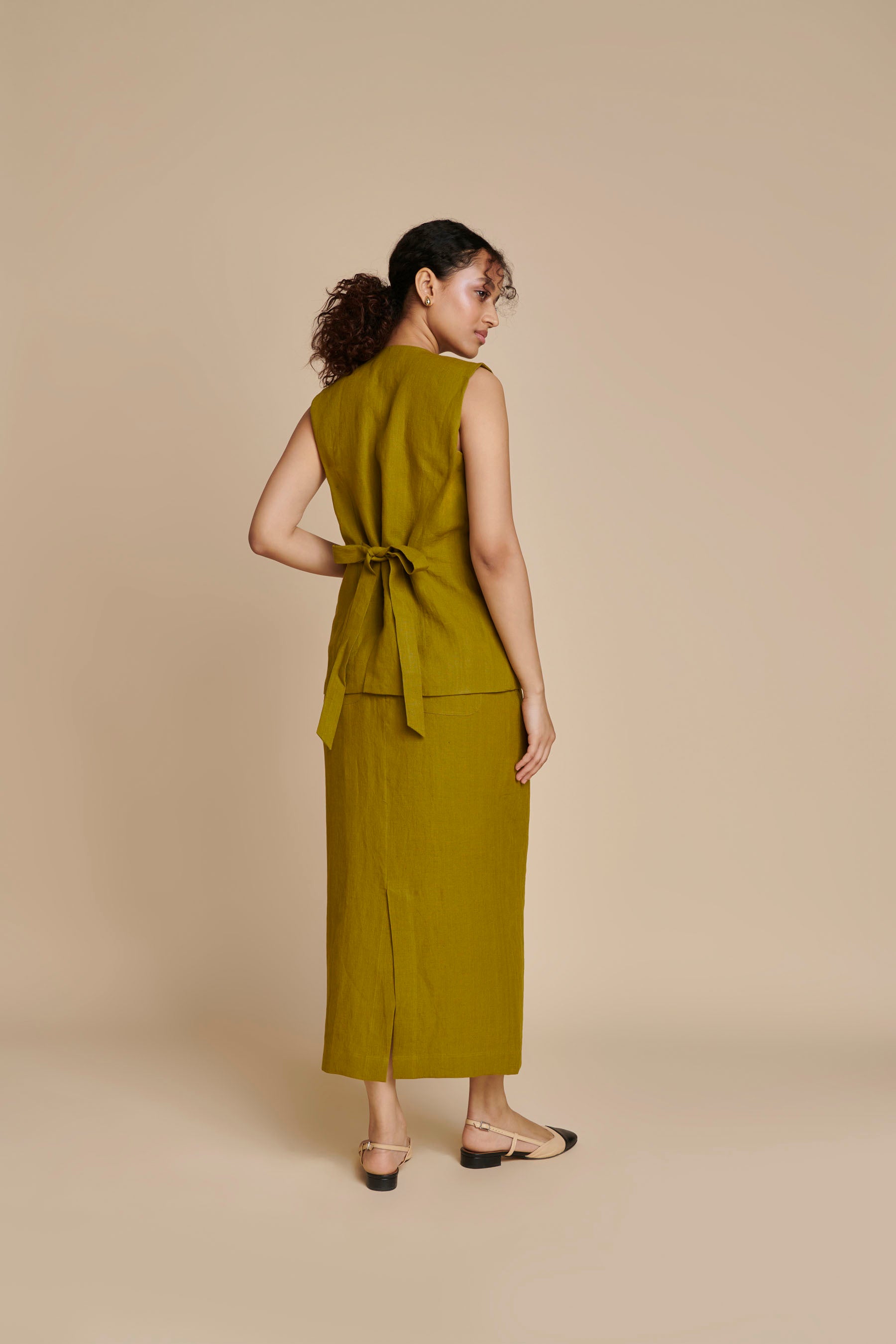 Mehendi Linen Vest & Column Skirt Set