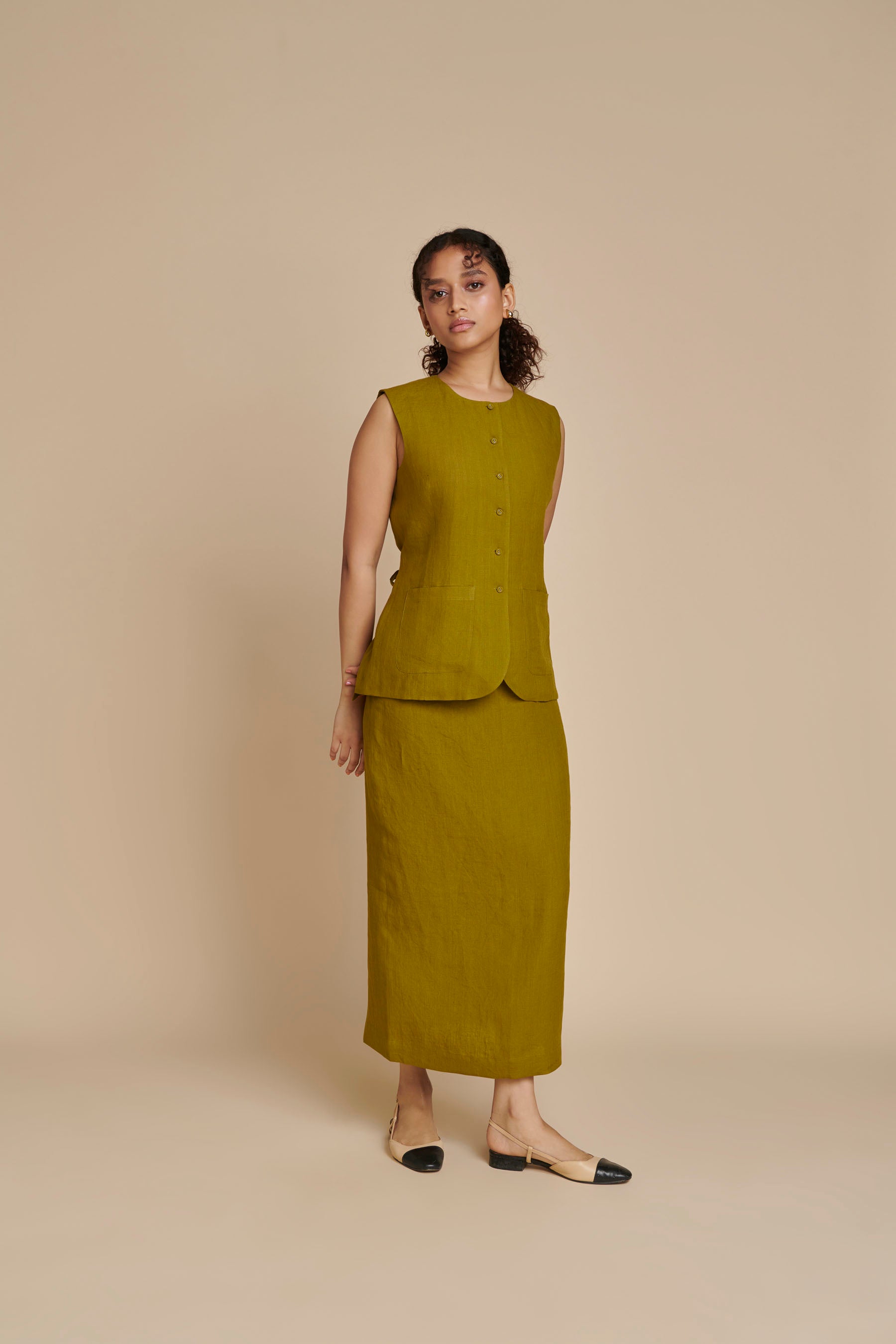 Mehendi Linen Vest & Column Skirt Set