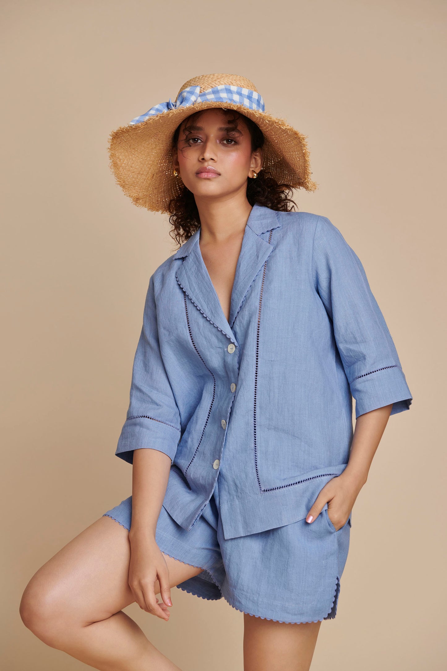 Ashwem Linen Lapel Collar Shirt Set