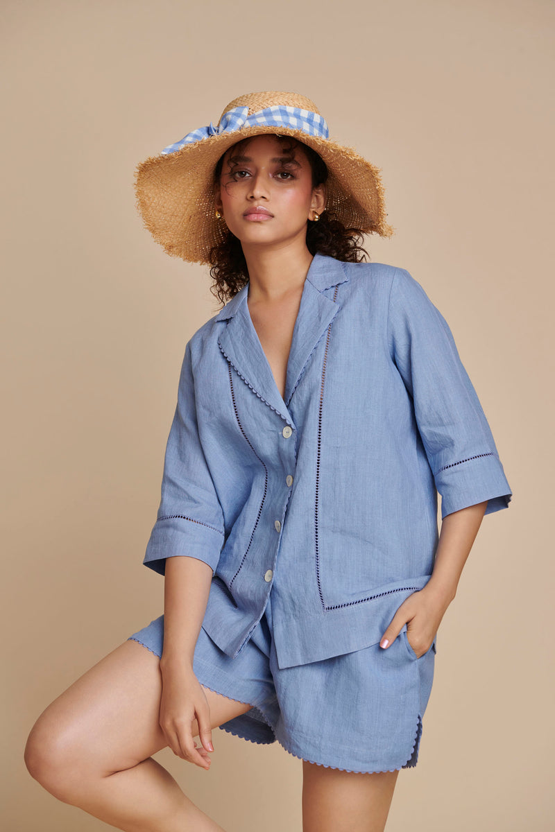 Ashwem Linen Lapel Collar Shirt Set