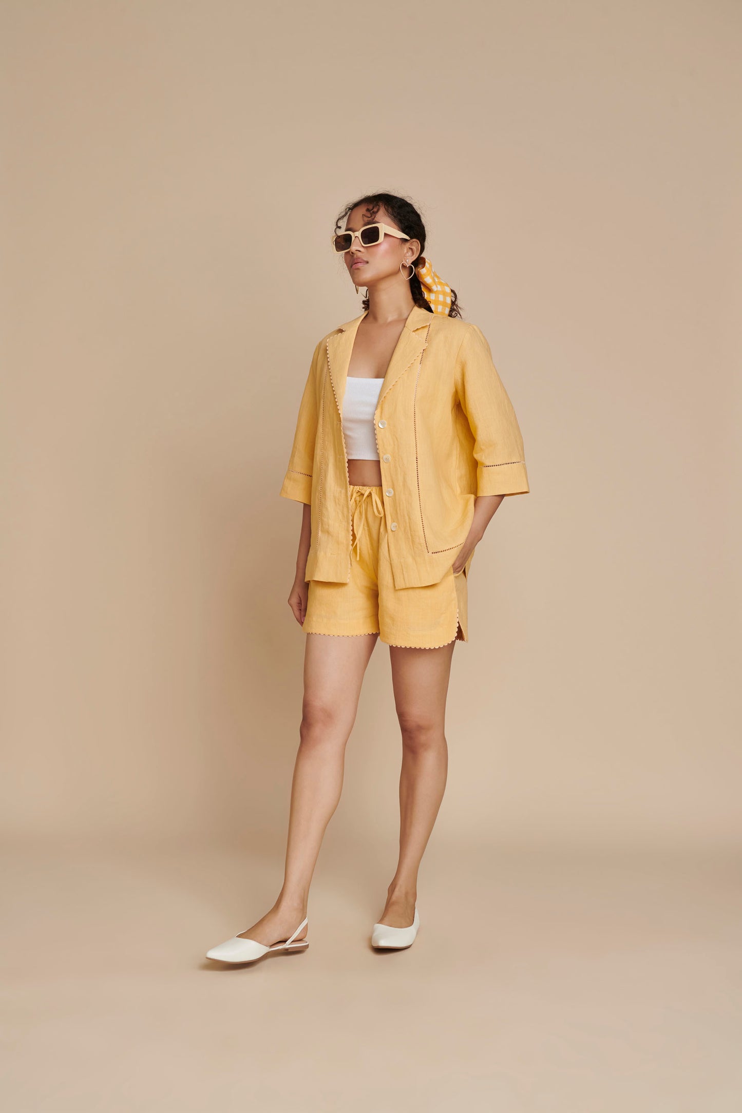 Butterscotch Linen Lapel Collar Shirt Set