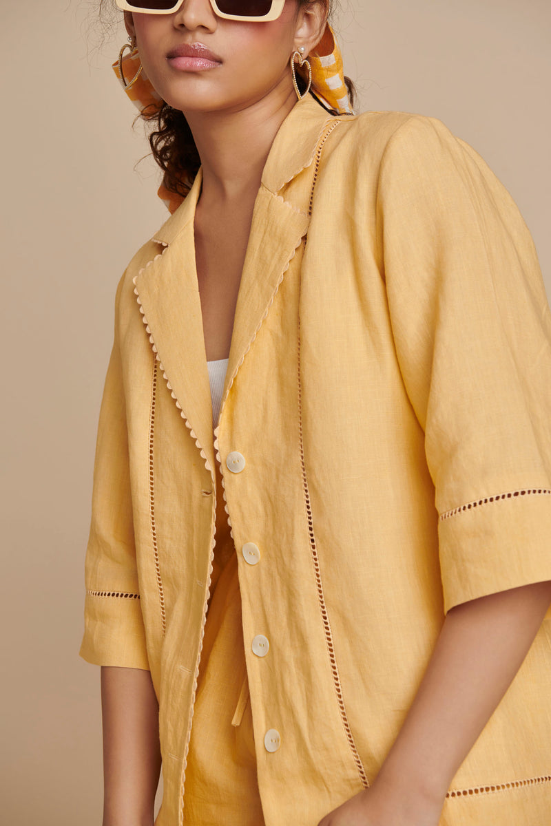 Butterscotch Linen Lapel Collar Shirt Set