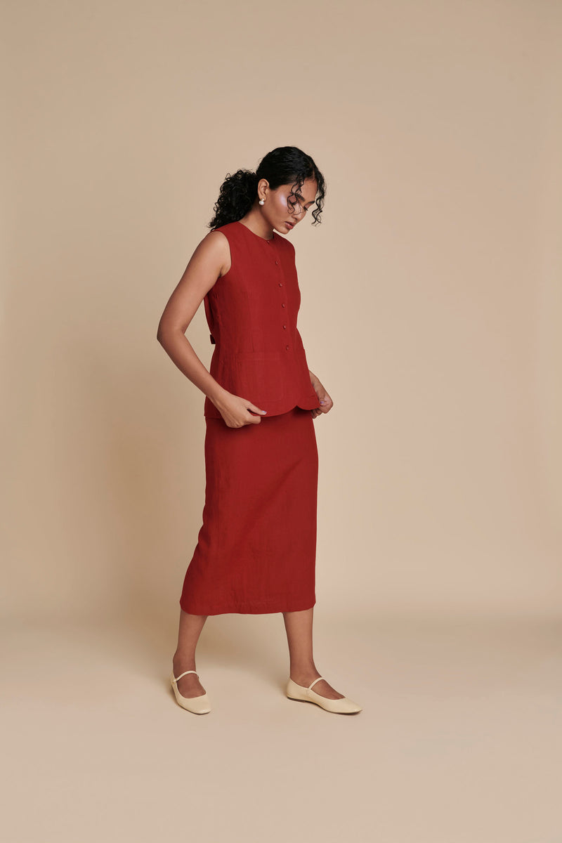 Anaar Linen Vest & Column Skirt Set